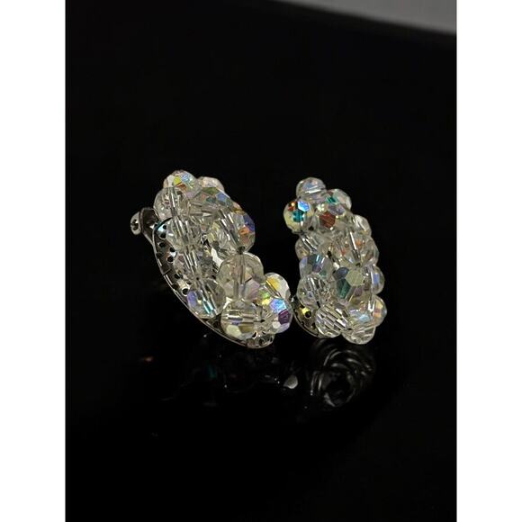 Vintage Climber Aurora Borealis Cluster Clear Clip On Earrings Mid Century - Picture 3 of 4